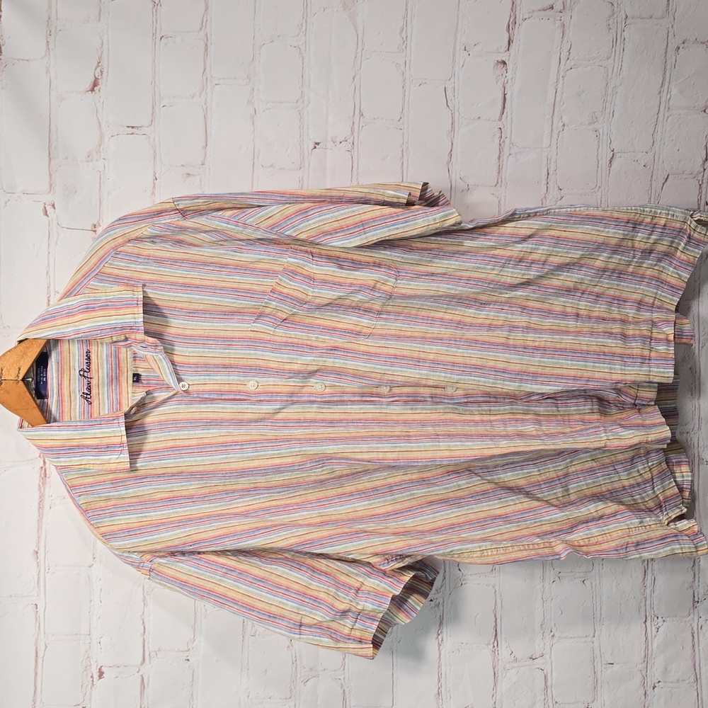 Alan Flusser Rainbow Striped 100% Linen Button Down Shirt Mens Size XL